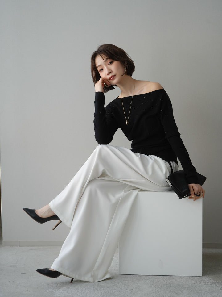 [予約]ラインストーンアシンメトリーニットトップス/black