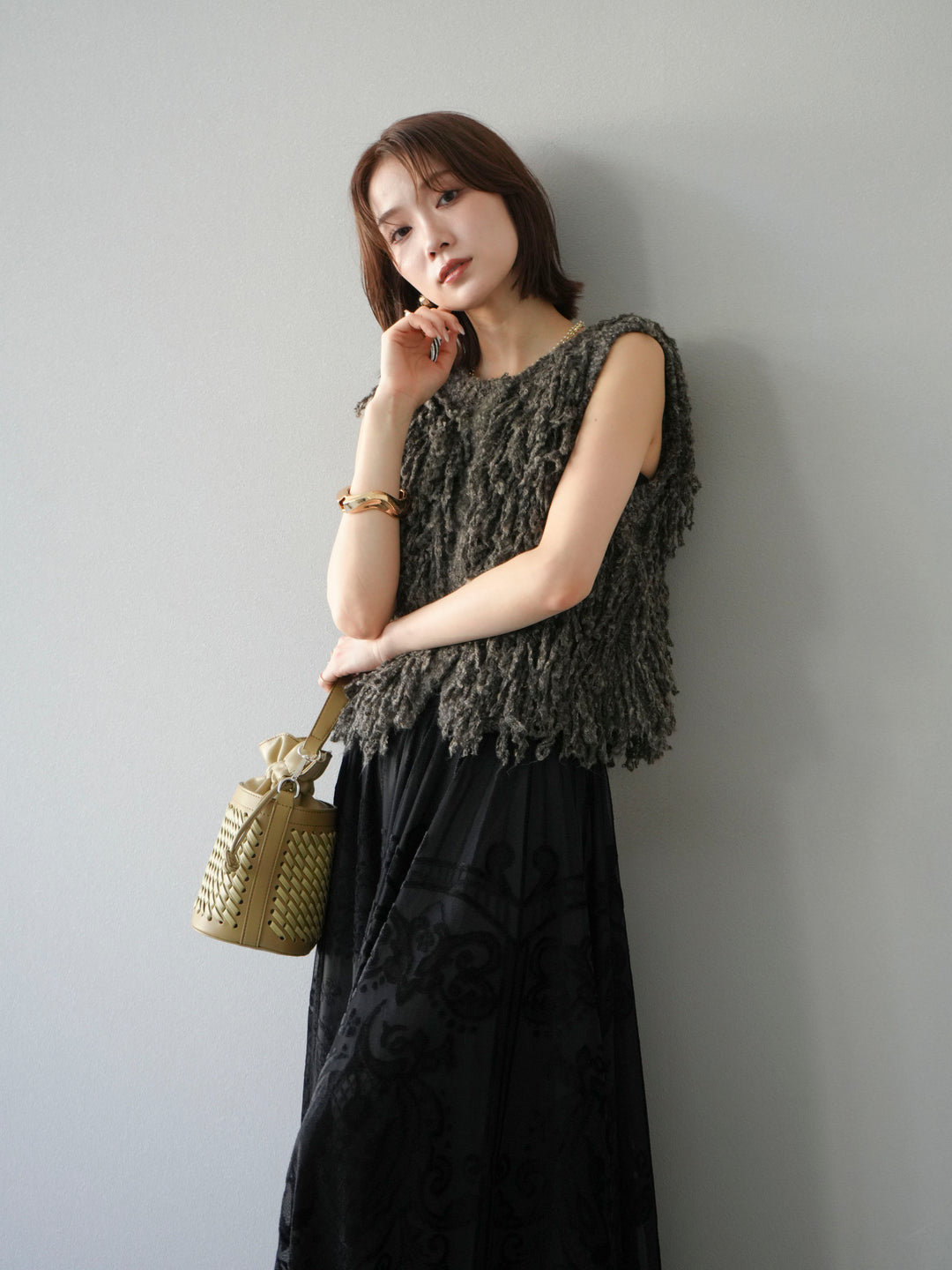 [SET]フリンジループニットベスト+アンティーク柄フロッキーマキシスカート(2set)