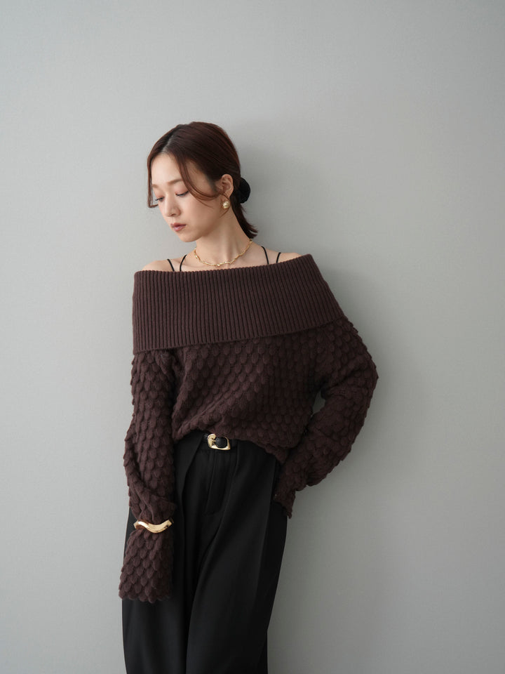 [SET]ポコポコ編みオフショルニットプルオーバー+ベルトループデザインワイドパンツ(2set)