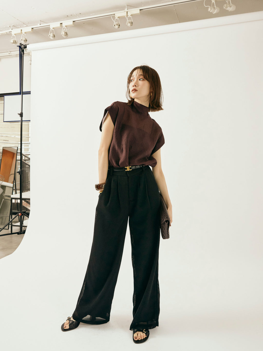 【Allure】[SET]シャイニーシアーブラウス+メッシュタックワイドパンツ(2set)