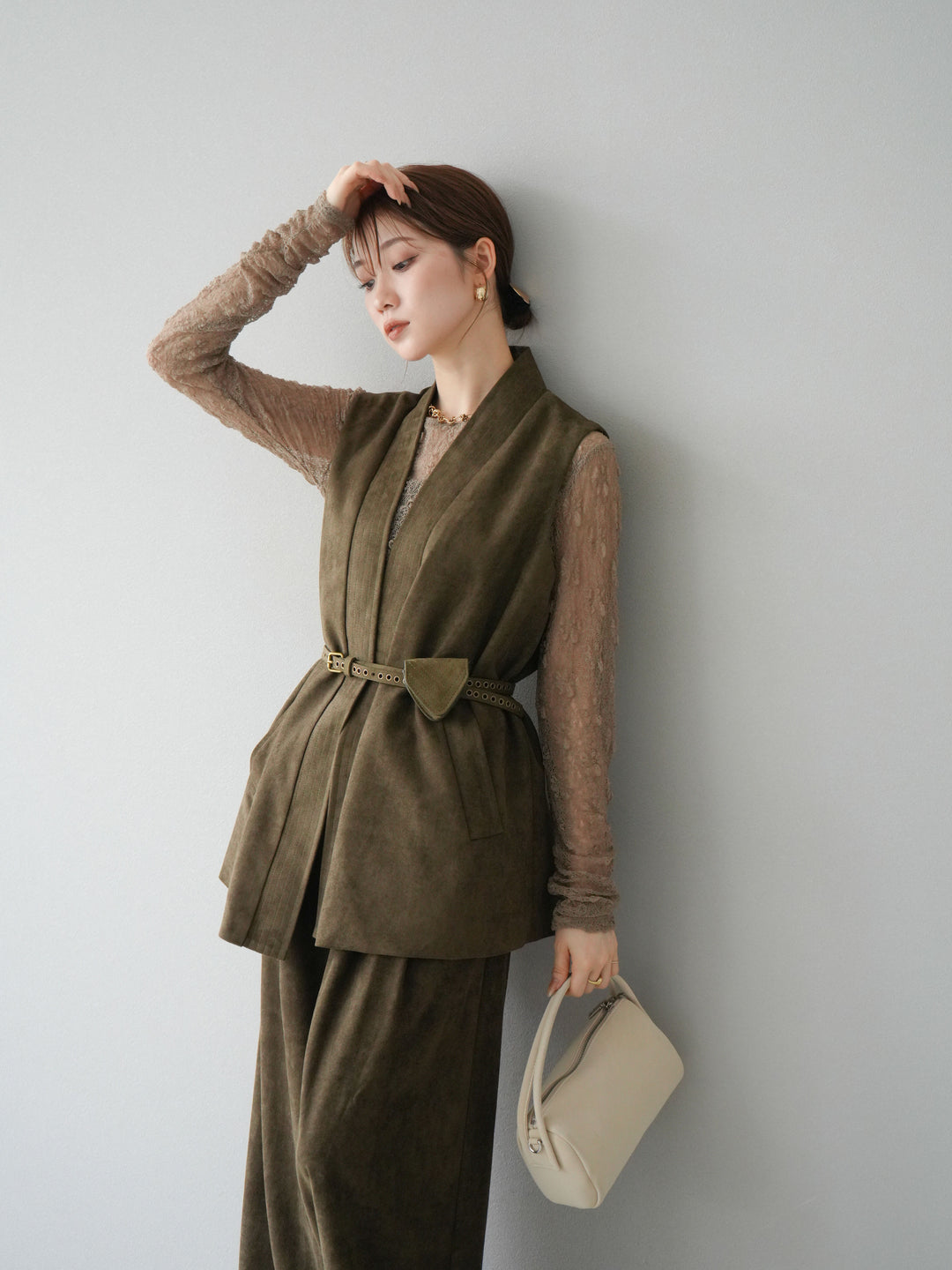 [SET]ポーチベルト付スウェードジレ×パンツSET UP(2set)