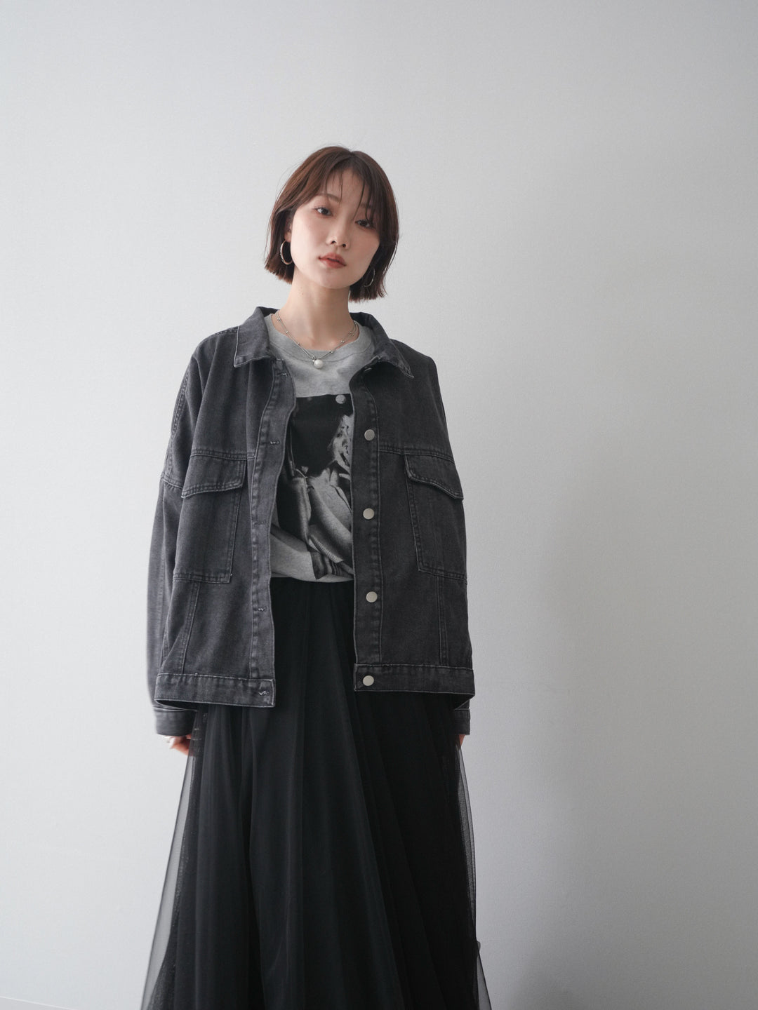 [SET]ルーズシルエットデニムジャケット+チュールボリュームスカート(2set)