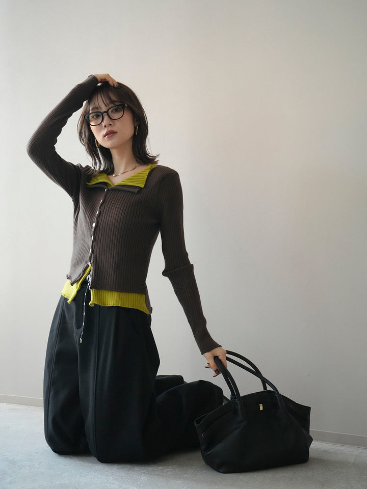 [予約]配色レイヤードリブニットカーディガン/brown