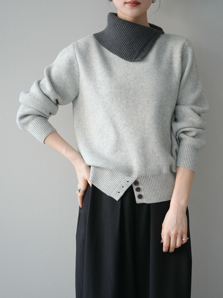 [予約]デザインネックバイカラーニットプルオーバー/gray