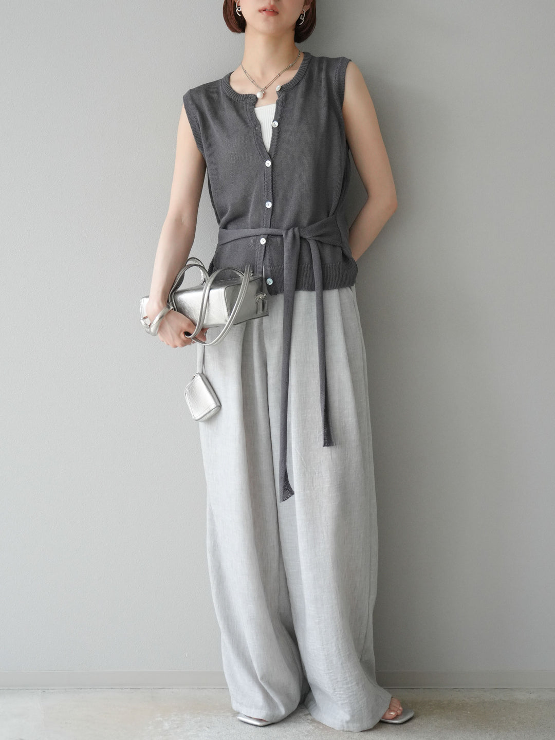 [予約]リネンライクベルト付タックループワイドパンツ/ライトグレー