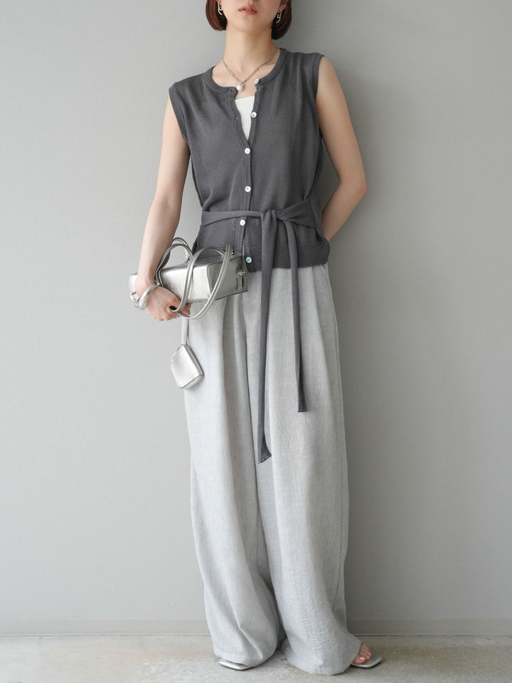 [予約]リネンライクベルト付タックループワイドパンツ/ライトグレー
