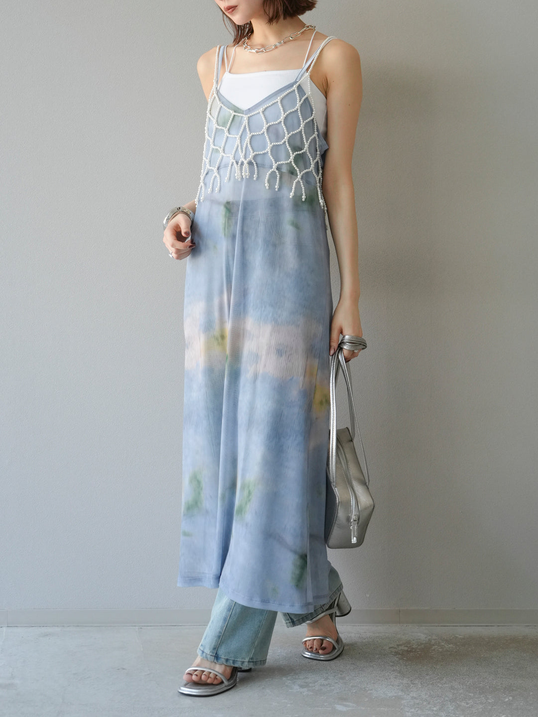 [予約タイダイ柄シアーキャミワンピース/サックス