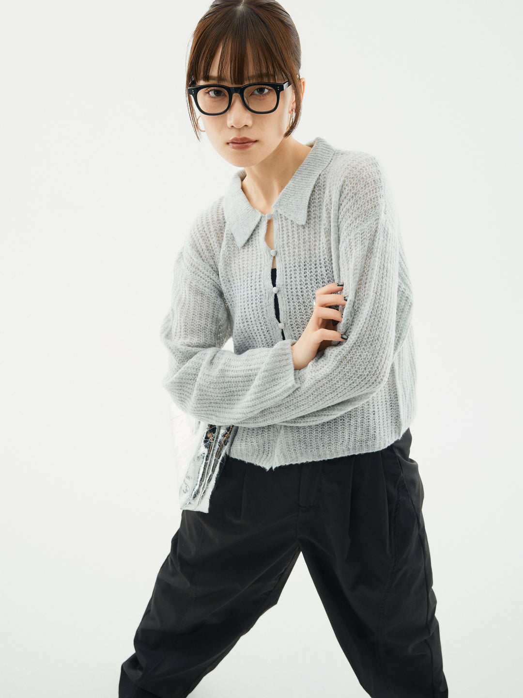 【Allure】[SET]起毛片畦編みシアーポロニット+タフタワイドカーブパンツ(2set)