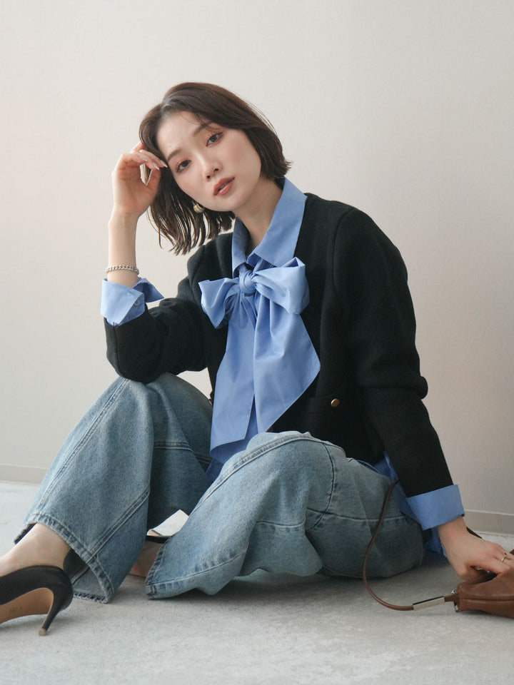 [SET]ゴールドボタンノーカラーニットジャケット+選べるアクセセット(2set)