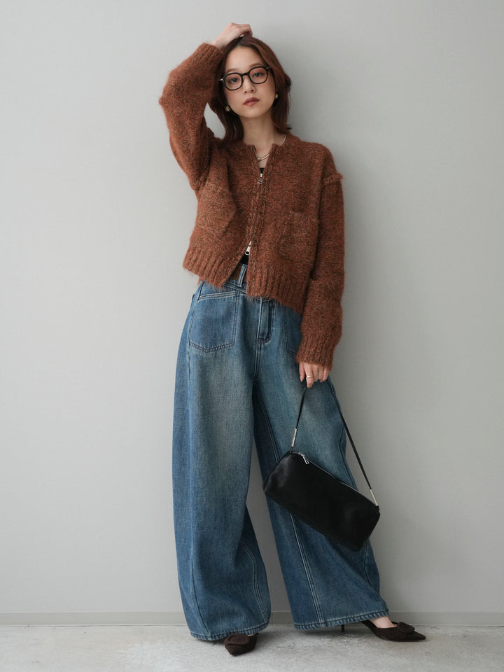 [SET]ミックスヤーンダブルZIPニットカーディガン+ベルト付裏起毛カーブデニムパンツ(2set)