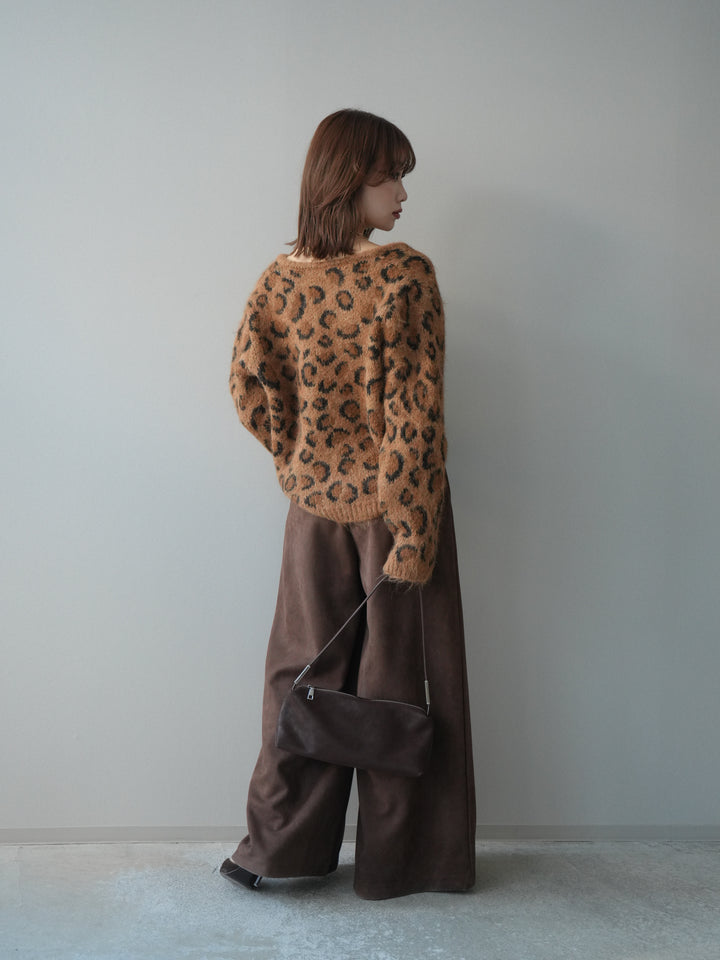 [SET]モヘアタッチレオパード柄ニットカーディガン+モチーフベルト付スエードタックワイドパンツ(2set)