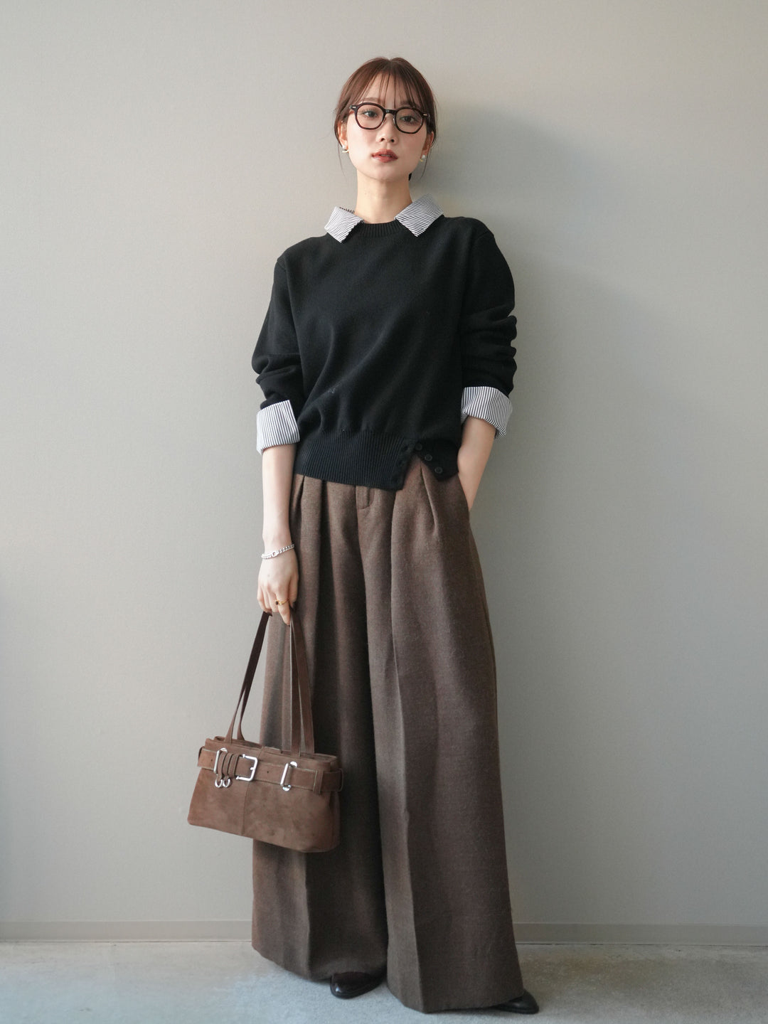 [予約]ウールタッチベルト付ワイドパンツ/brown