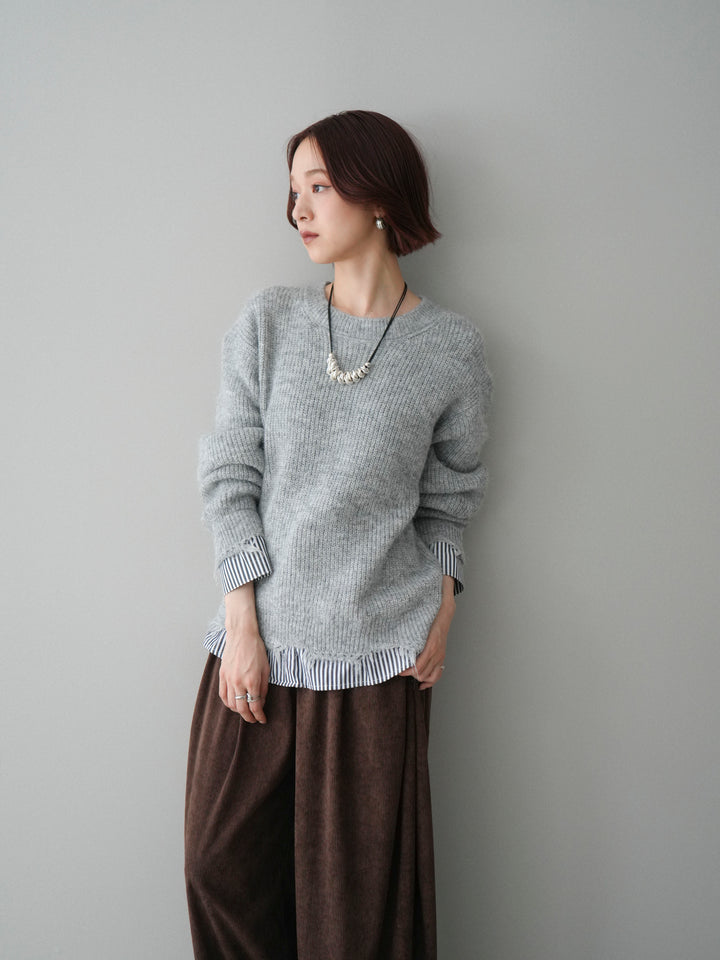 [SET]裾シャツレイヤードダメージニットプルオーバー+コーデュロイサイドタックコクーンパンツ(2set)