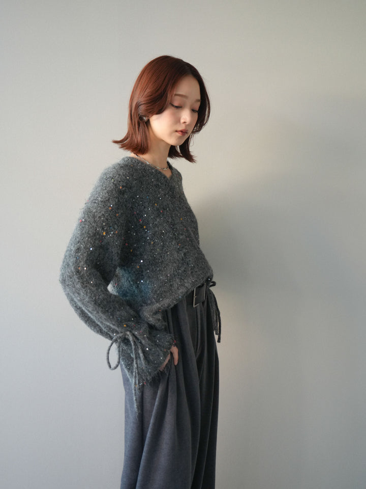 [SET]キャンディースリーブカラーネップスパンコールニットプルオーバー+ベルトデザインループコールテンワイドパンツ(ベルト付き)(2set)