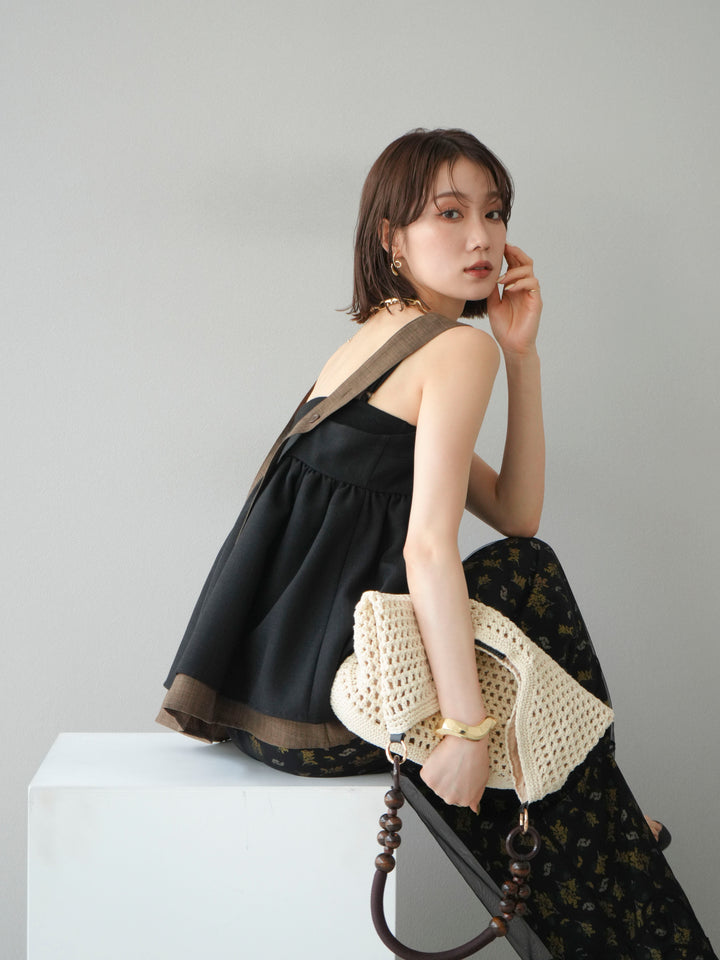 [SET]リネンライク配色フレアタンクトップ+ブーケプリントタックパンツ(2set)