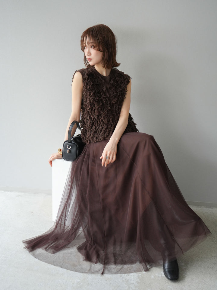 [SET] 前開衩針織背心 + 薄紗蓬鬆裙 (2 件套)