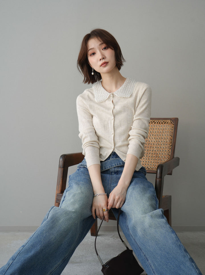 [予約]ビジュー襟パールボタンニットカーディガン/ivory