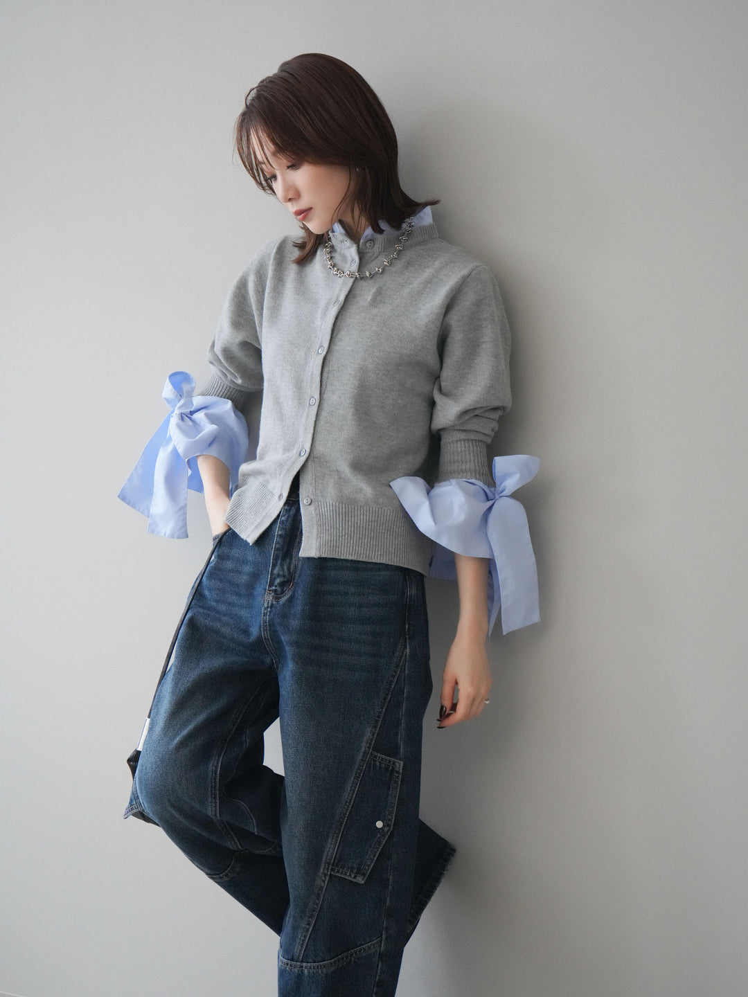 [予約]ウールライクリボンシャツカーディガン/gray