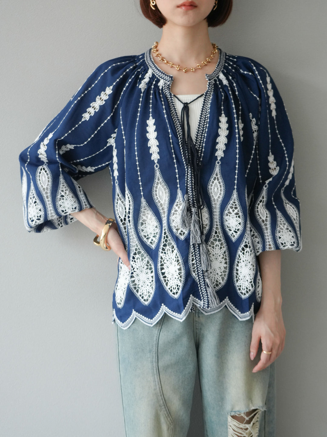 [預訂] 刺繡設計襯衫/海軍藍