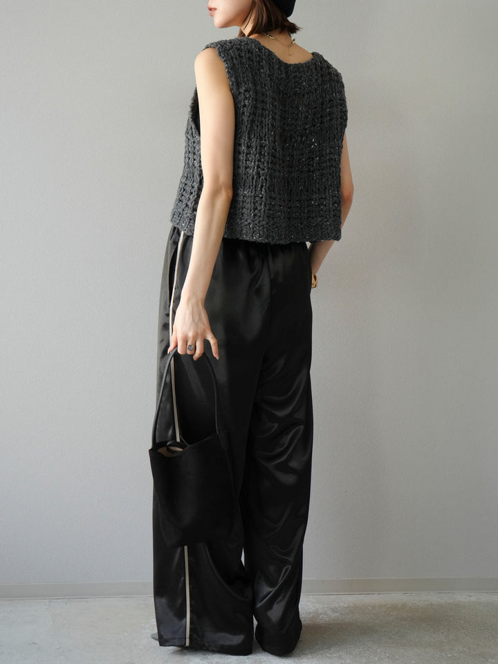 [予約]サテンラインワイドパンツ/ブラック