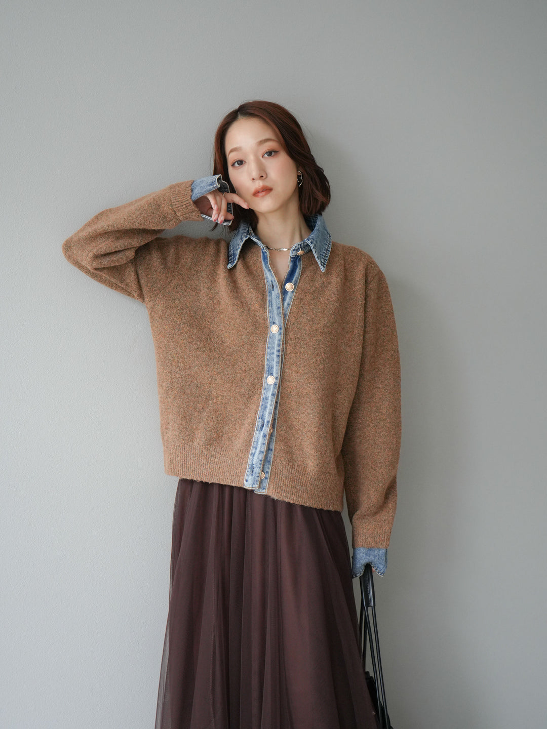 [SET]デニム襟ボタンニットカーディガン+チュールボリュームスカート(2set)