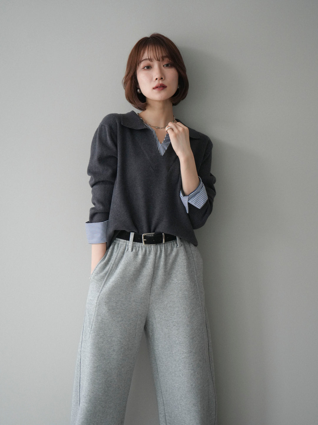 [予約]シャツレイヤードスキッパーニットプルオーバー/charcoal