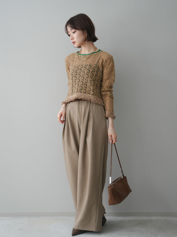 [予約]サテンベルトタックワイドパンツ/beige