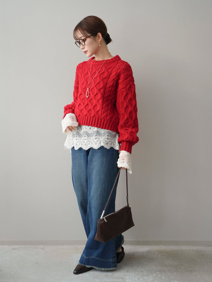 [SET]バルキーケーブルクロップドニットプルオーバー+裏起毛裾フリンジワイドデニムパンツ(2set)