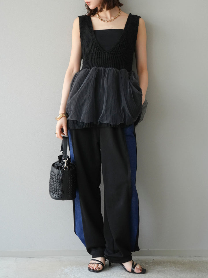 [予約]チュールレイヤードペプラムニットベスト/ブラック