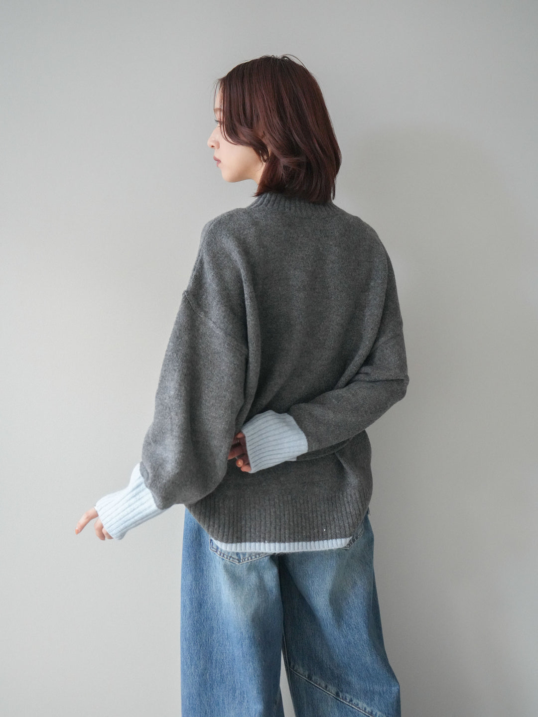 [SET]配色ハイネックニットプルオーバー+ペインターカーブデニムパンツ(2set)