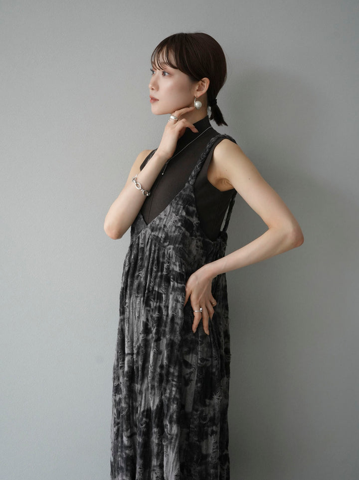 [Pre-order] Damaged Nuance Pattern Braided String Cami Dress/Brown