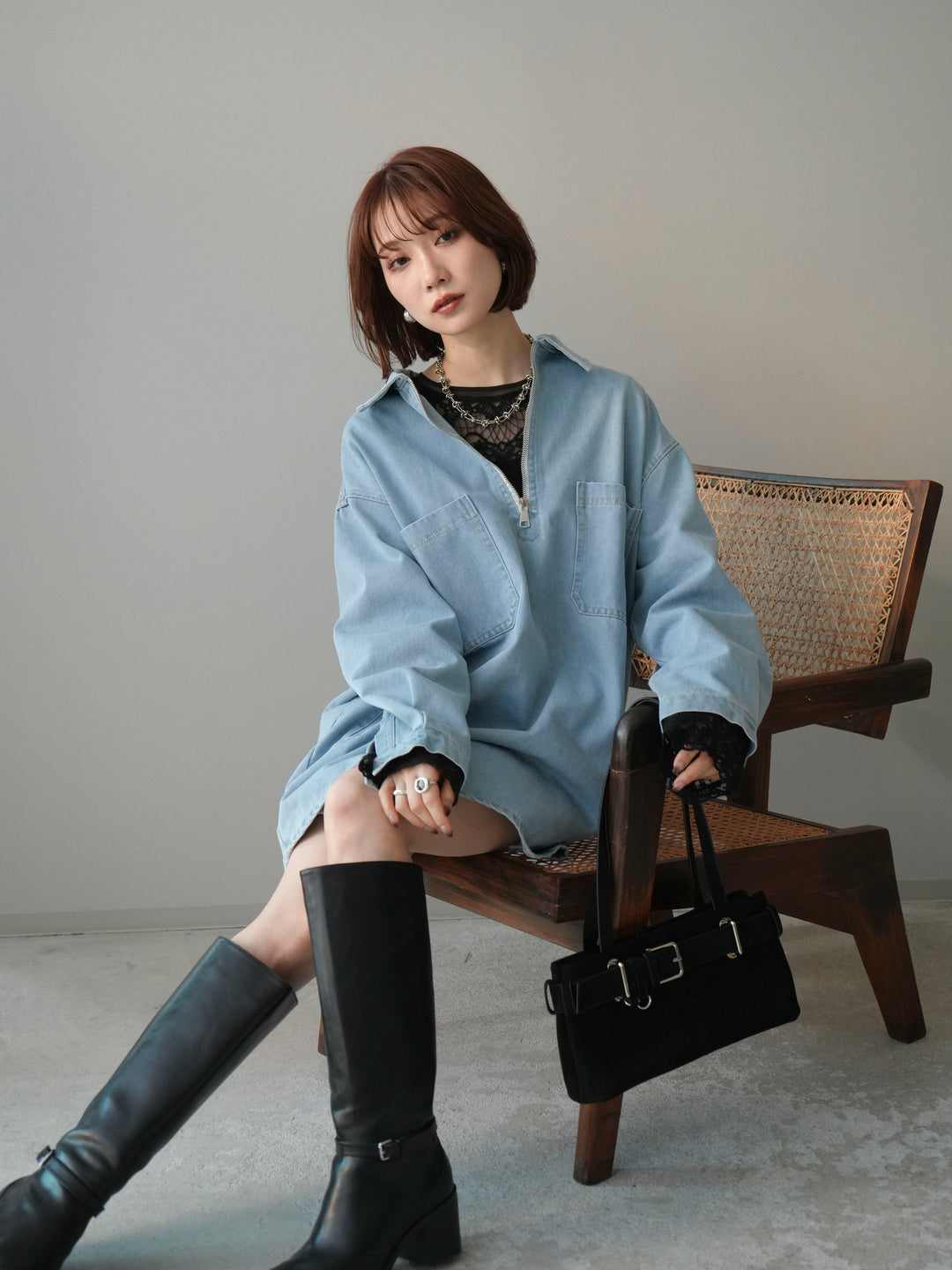 [SET]ハーフジップデニムミニワンピース+チュールレーストップス(2set)