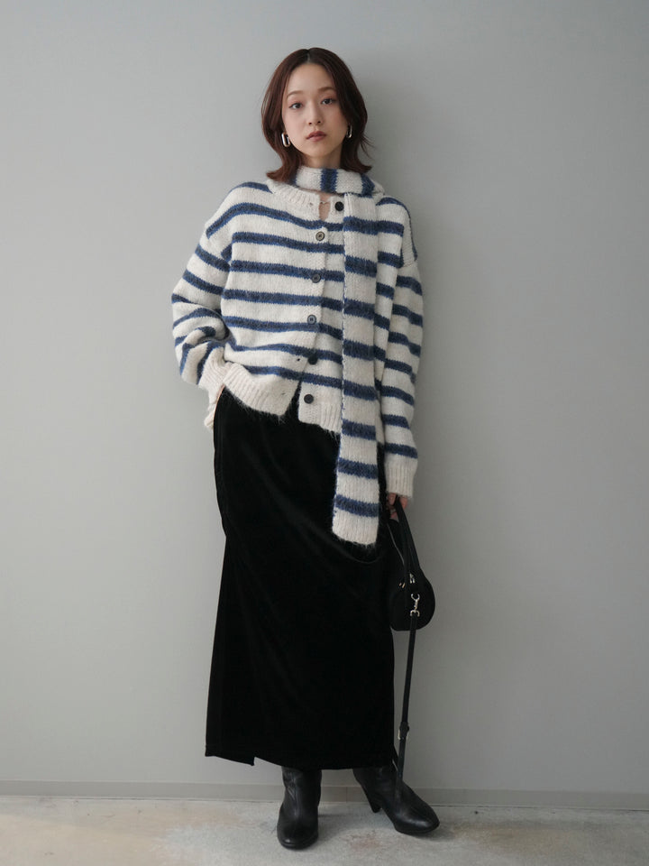 [SET]ボウタイ付きボーダーニットプルオーバー+ギャザーベロアスカート(2set)