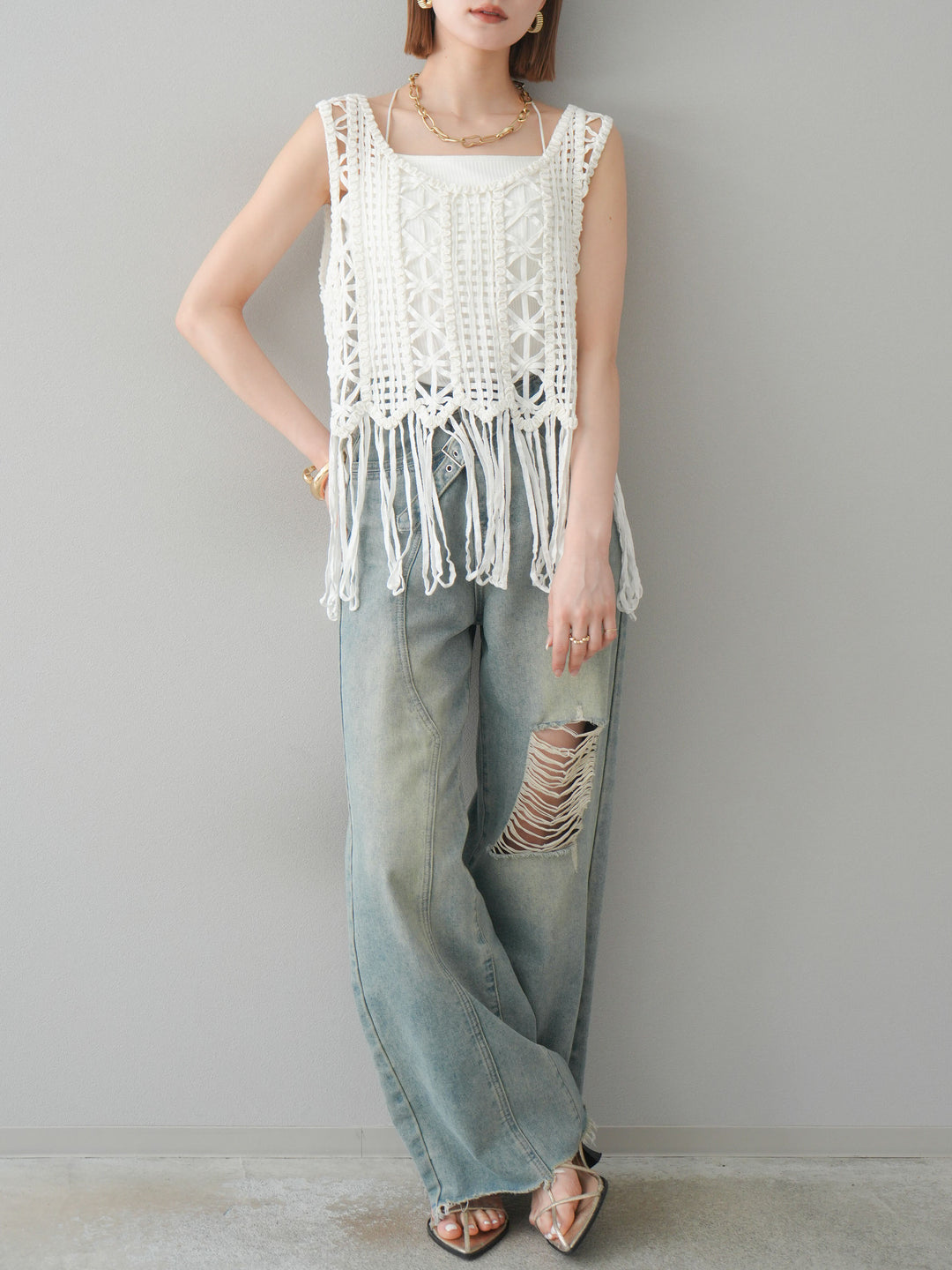 [予約]クロシェフリンジノースリーブトップス/アイボリー