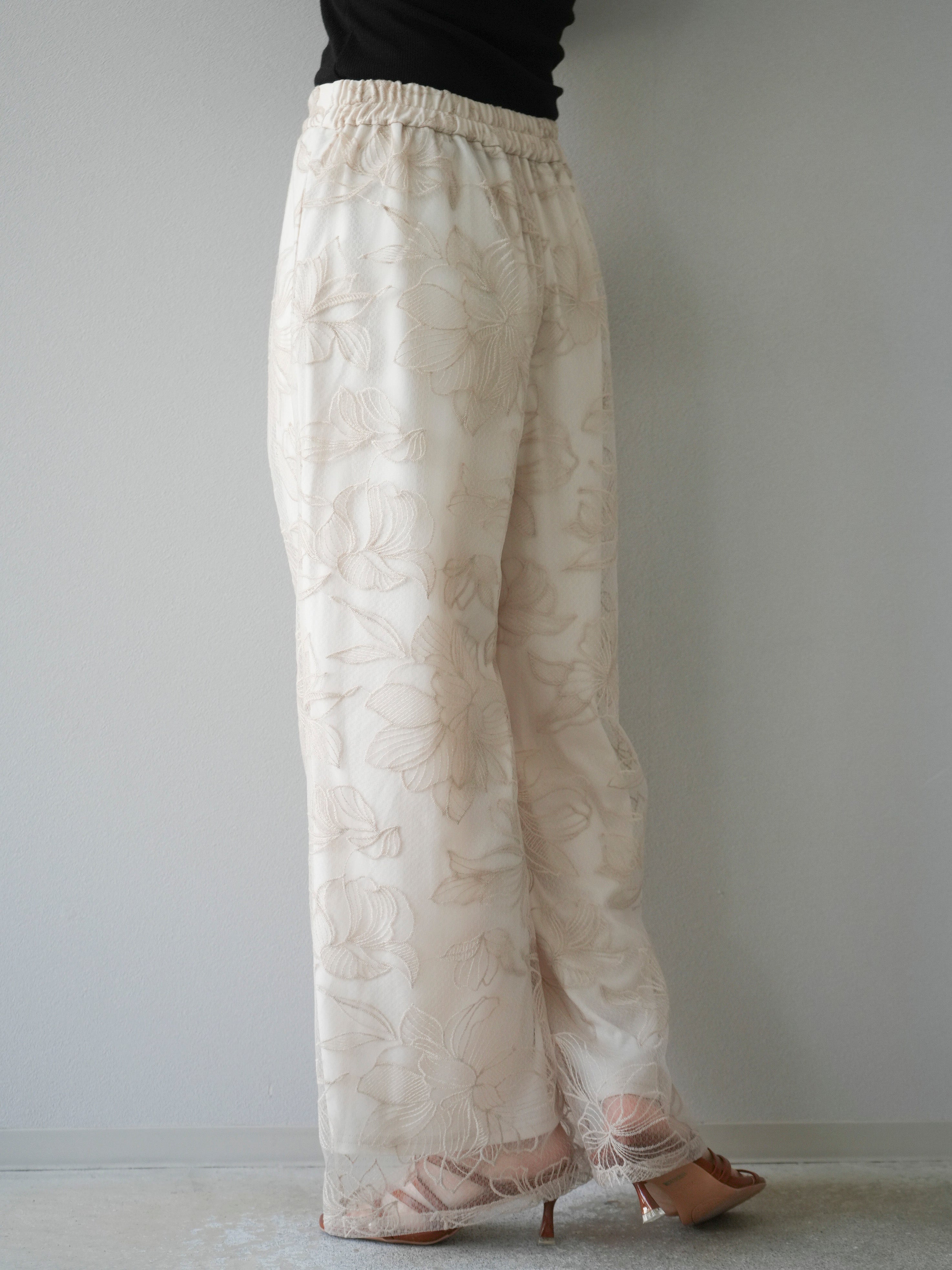 専用 hiand Flower Jacquard（white） 予約]チュールフラワー刺繍ワイドパンツ/エクリュ – Lumier
