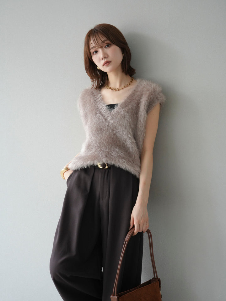 [SET]ラメシャギーVネックニットベスト+ベルトループデザインワイドパンツ(2set)