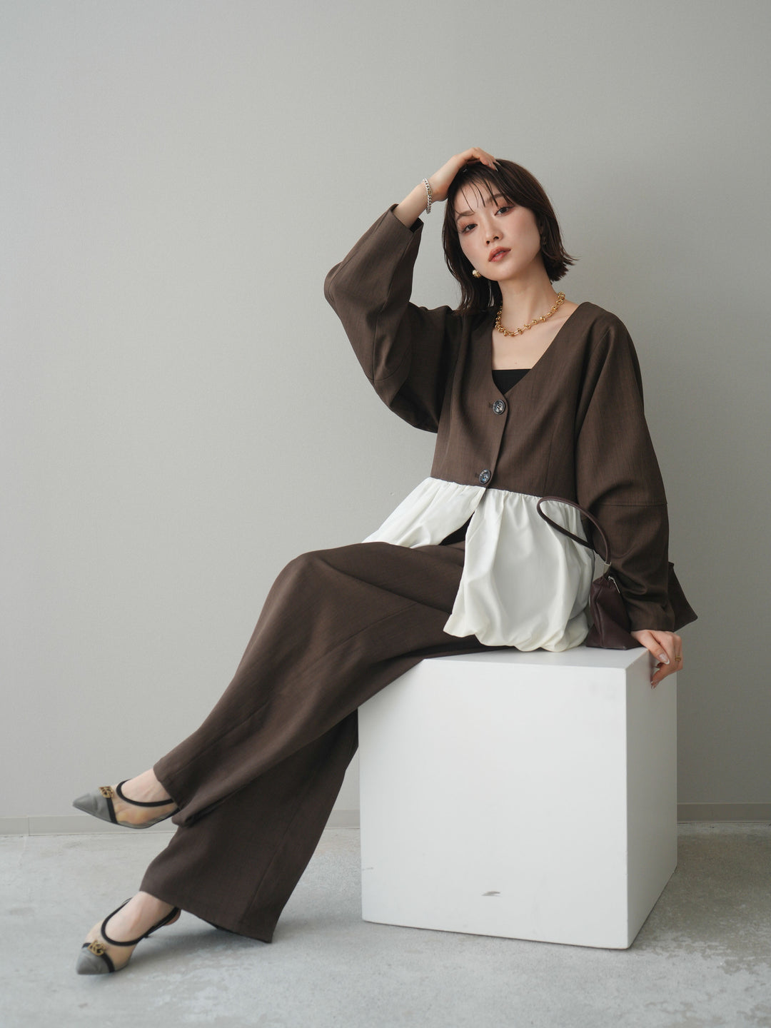 [予約]裾バルーン切替ジャケット/brown