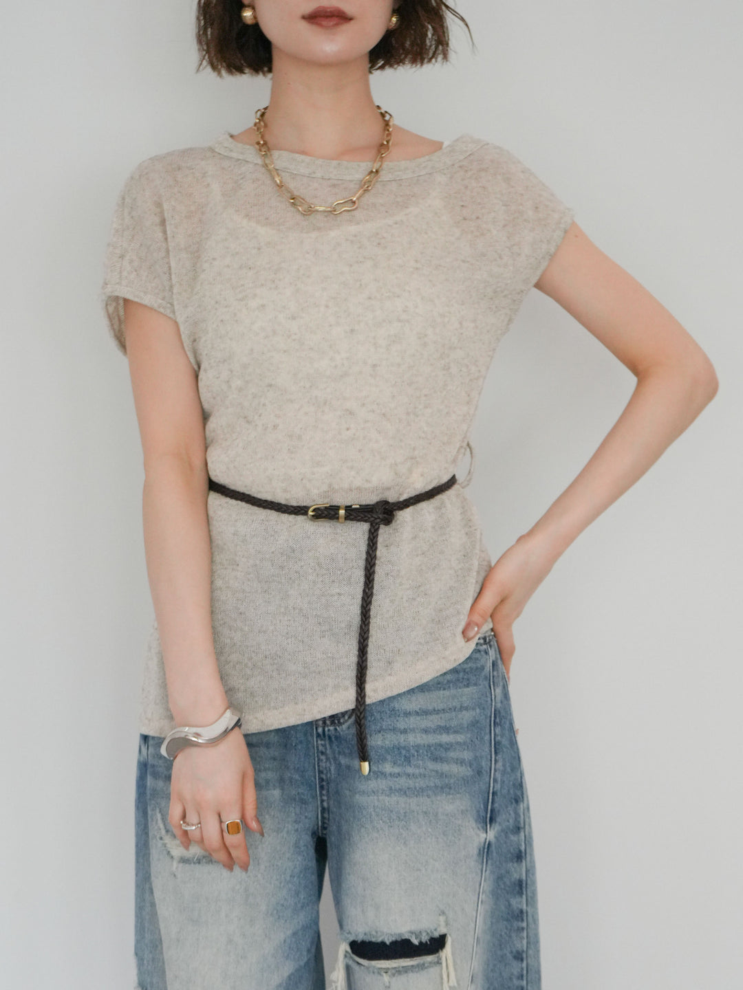 [予約]ベルト付アシメシアーニットトップス/beige