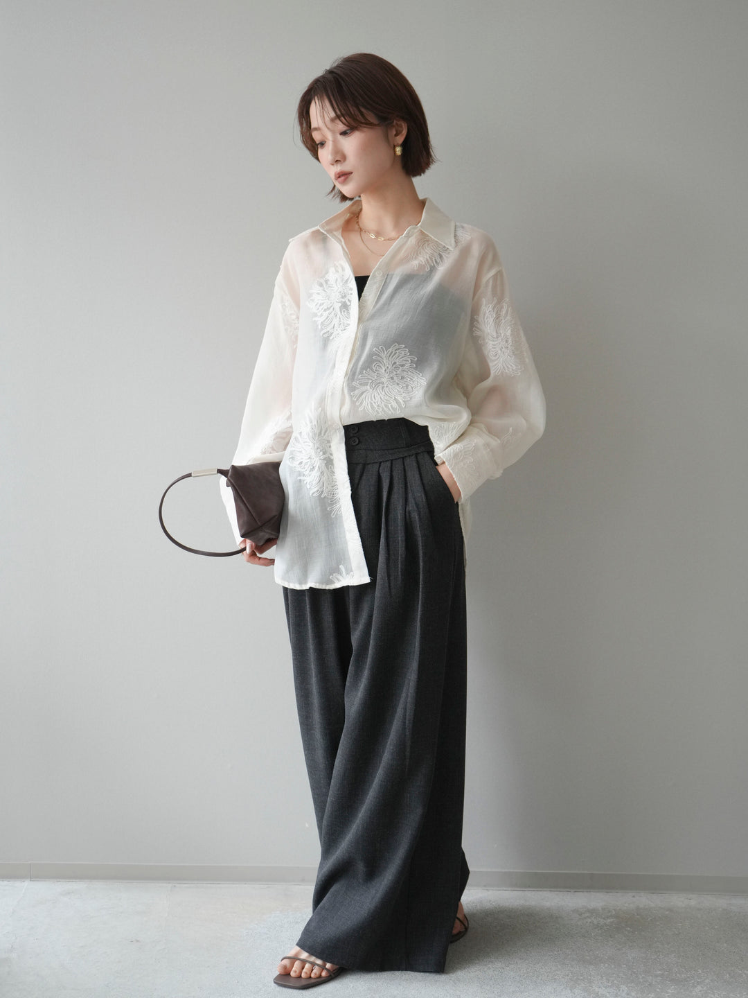 [SET]シアーエンブロイダリーシャツ+ダブルボタンドレープパンツ(2set)