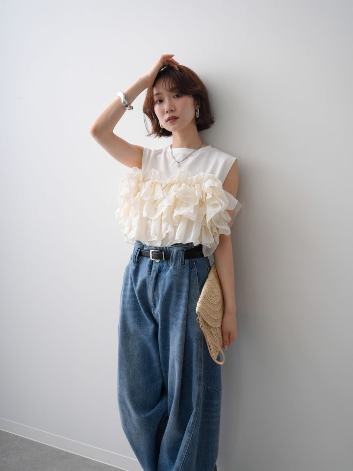 [SET]フリルドッキングノースリカットソー+ハイウエストベルトループデザインデニムパンツ(2set)