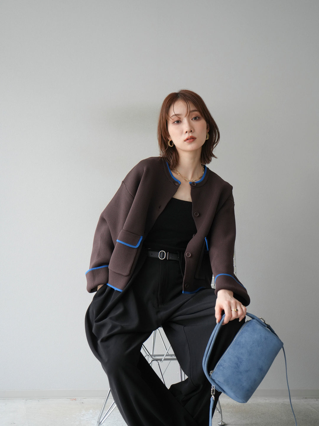 [予約]ポリエステル配色クルーネックカーディガン/ブラウン