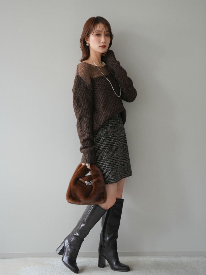 [予約]フロントZIPアソート柄ミニスカート/brown