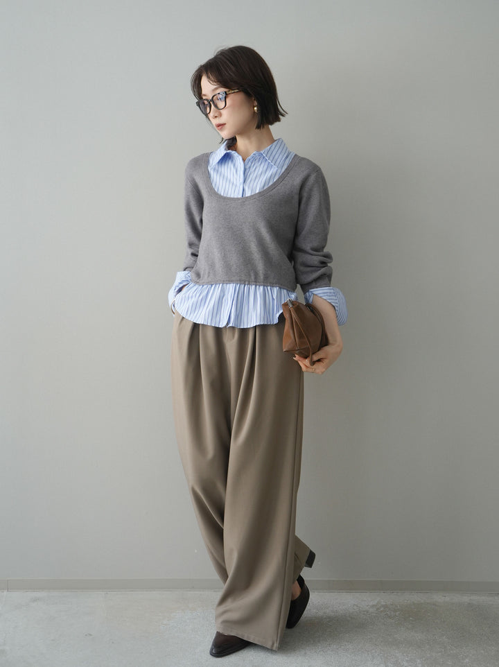 [SET]ストライプシャツUネックドッキングニットプルオーバー+ベルト付キーホルダーモチーフワイドパンツ(2set)