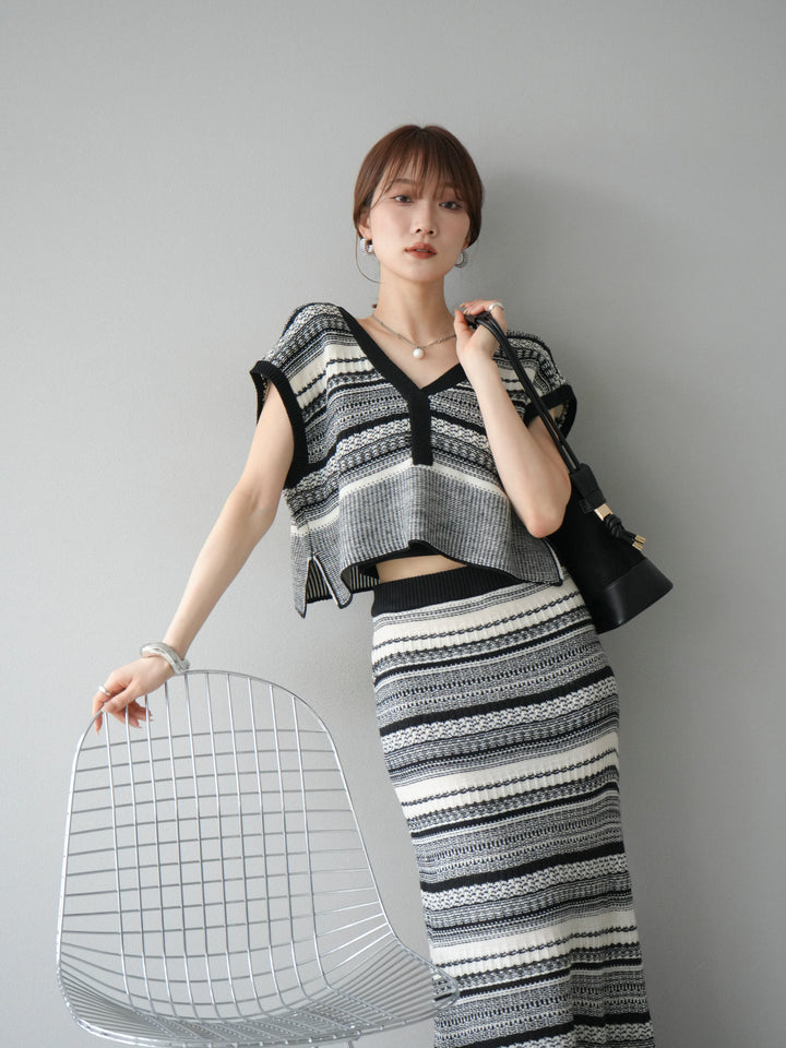 [予約]ガーター編み2WAYニットベスト/ホワイト×ブラック