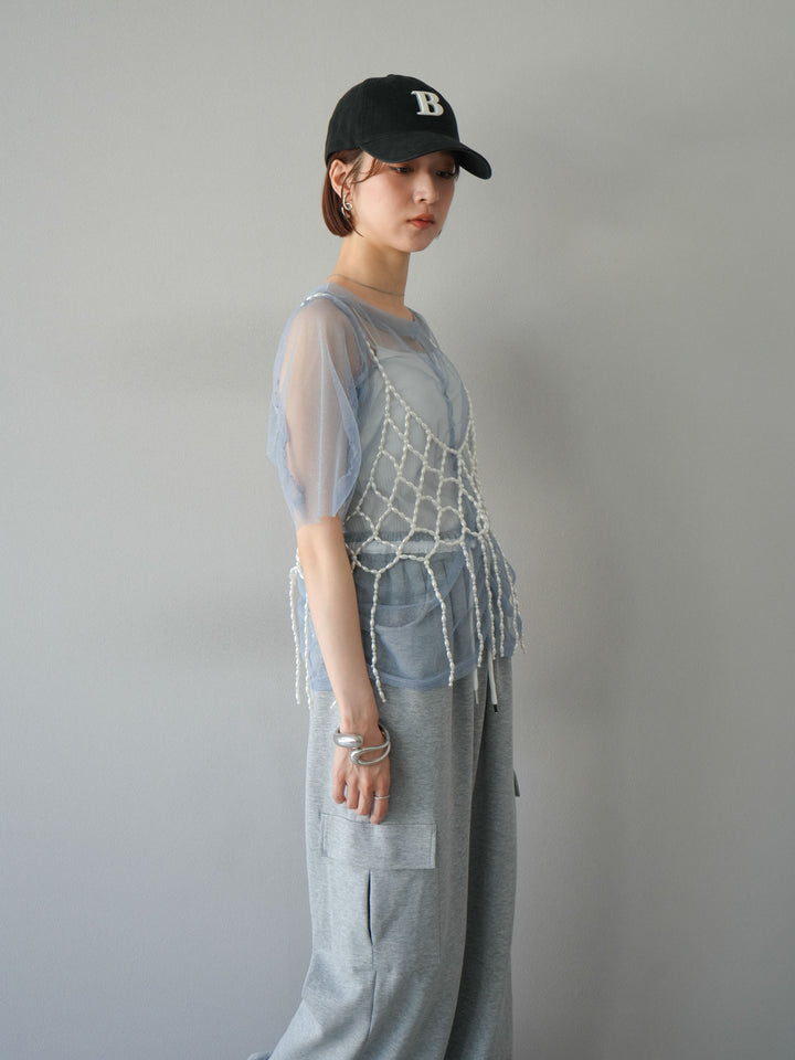 [SET]ラメチュールシャーリングプルオーバー+パールフリンジビスチェ+ウエストラインサイドポケットスウェットパンツ(3set)