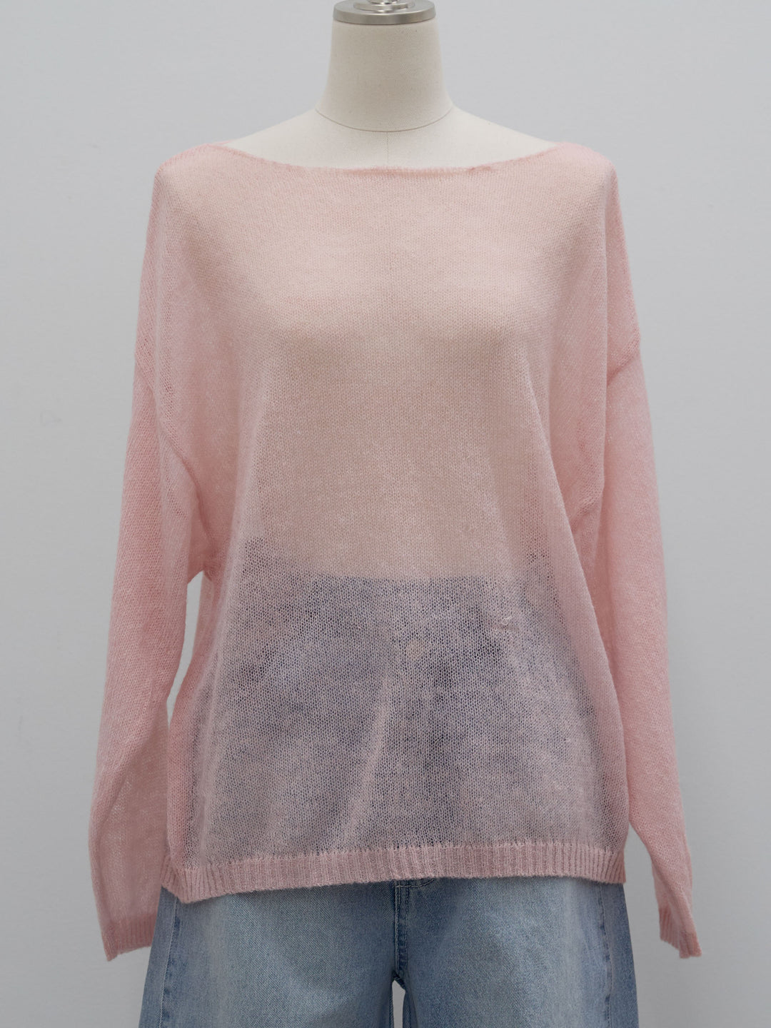 【Allure】[SET]モヘアタッチ透かし編みボートネックニットプルオーバー+アシンメトリーウエストタックパンツ(2set)