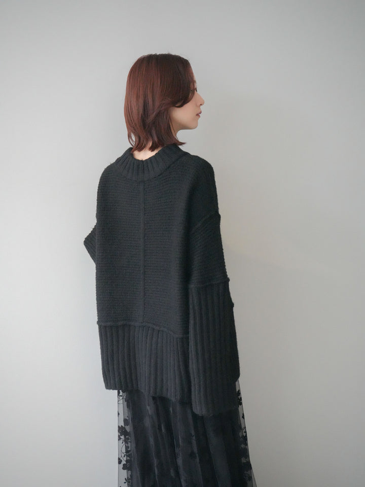 [SET]編み地切替ボトルネックニットプルオーバー+フラワーフロッキーチュールプリーツスカート(2set)