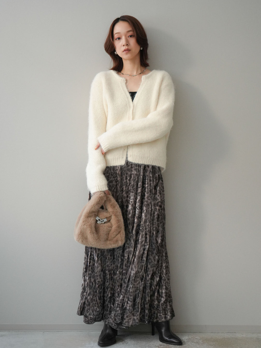 [予約]レオパードベロアワッシャーロングスカート/gray