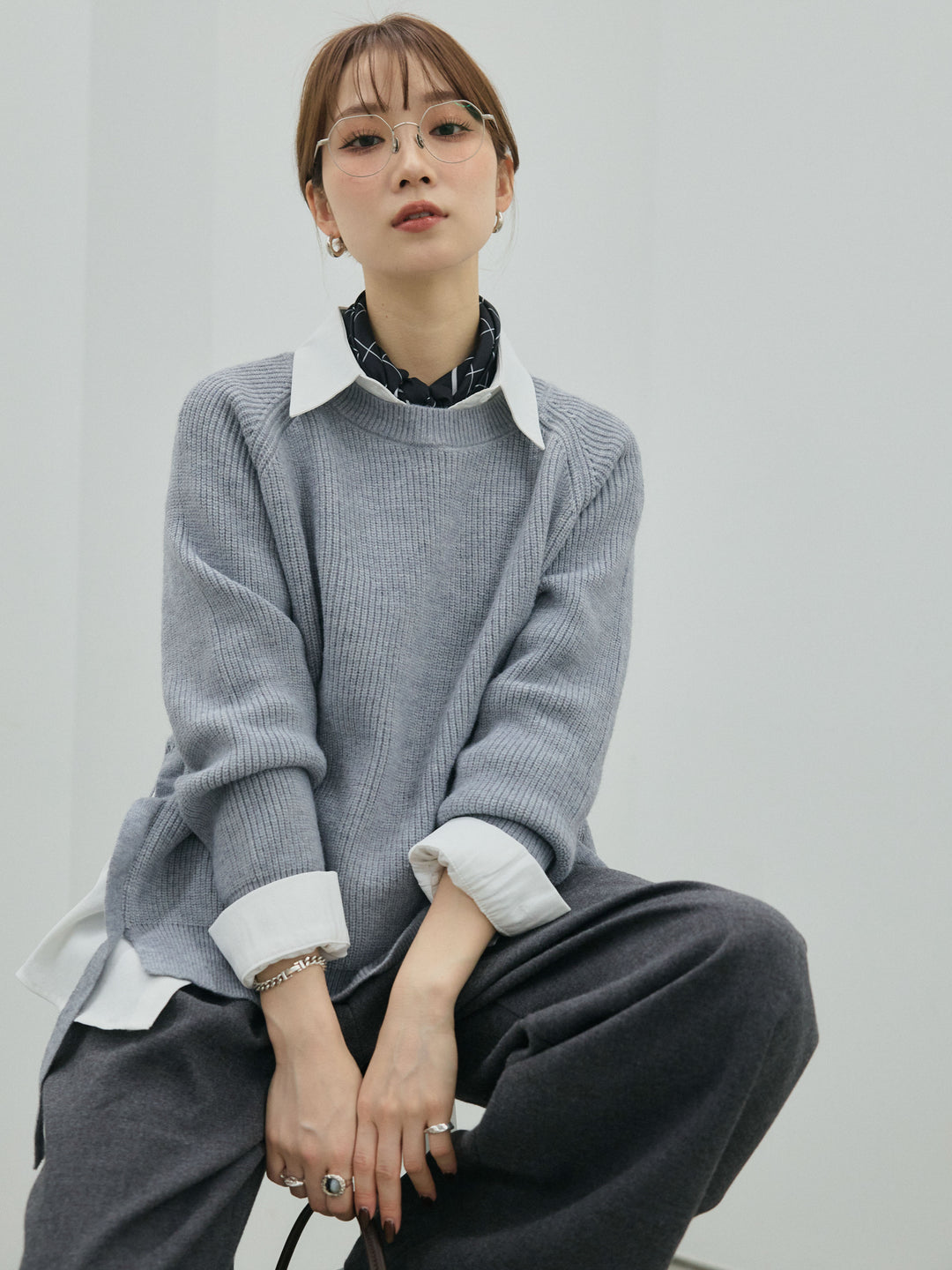 【Allure】[SET]サイドスリット畦編みニットプルオーバーシャツアンサンブル+サイドスリット畦編みニットプルオーバーシャツアンサンブル(2set)