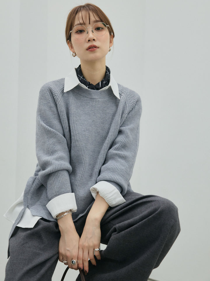 【Allure】[SET]サイドスリット畦編みニットプルオーバーシャツアンサンブル+サイドスリット畦編みニットプルオーバーシャツアンサンブル(2set)